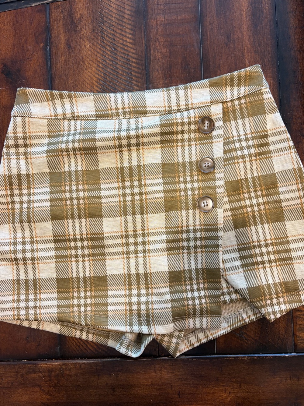 Altar'd State Olive and Cream Plaid Button-Front Skort